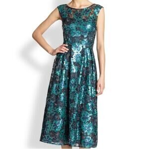 Kay Unger floral sequin tea length dress sz 12